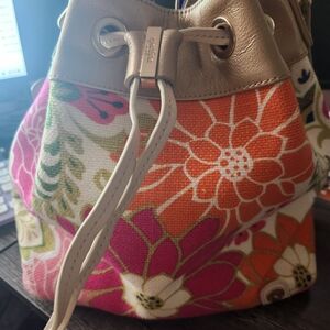 Floral Canvas Bucket Bag with Tan Accents